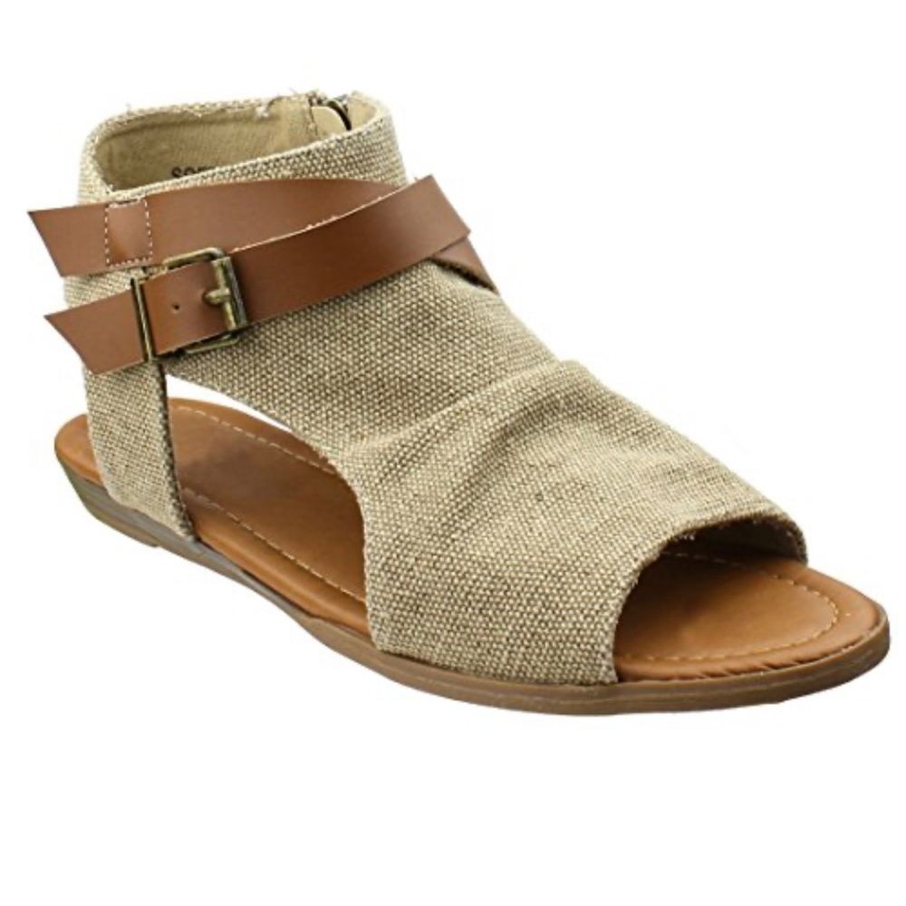 Woven Beige Open-Toe Ankle Sandal with Brown Strap
